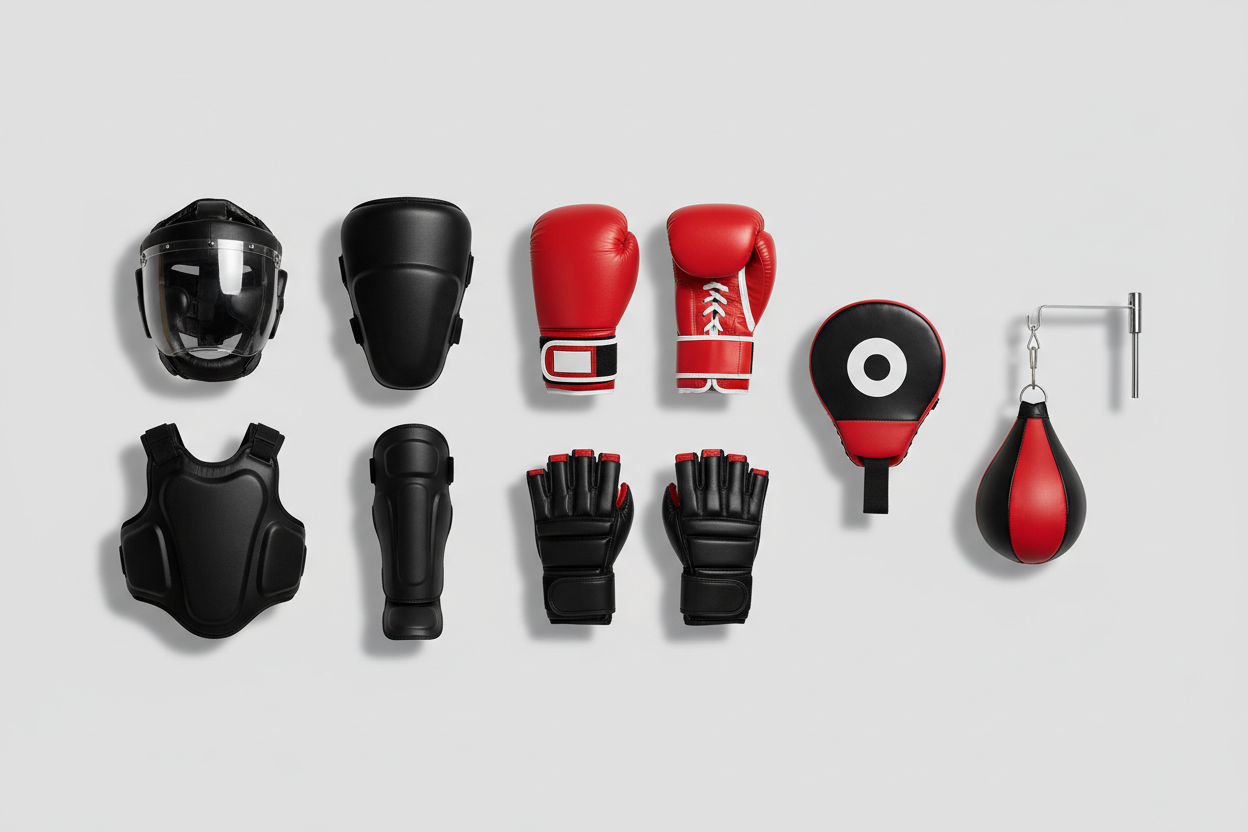 Image related Protection: Headguard, Thigh Pad, Shinguard, Chest Guard.

Gloves: Boxing Gloves, Open Palm Gloves.

Training: Focus Pad, Speed Ball.

with light grey #F3F3F3 background laazmi hona chahiye according to my theme